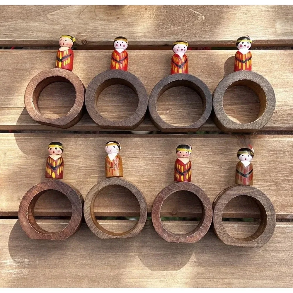 Native American Indian Style Wood Napkin ~ Rings Set of 8 ~ Carved Hand-Painted